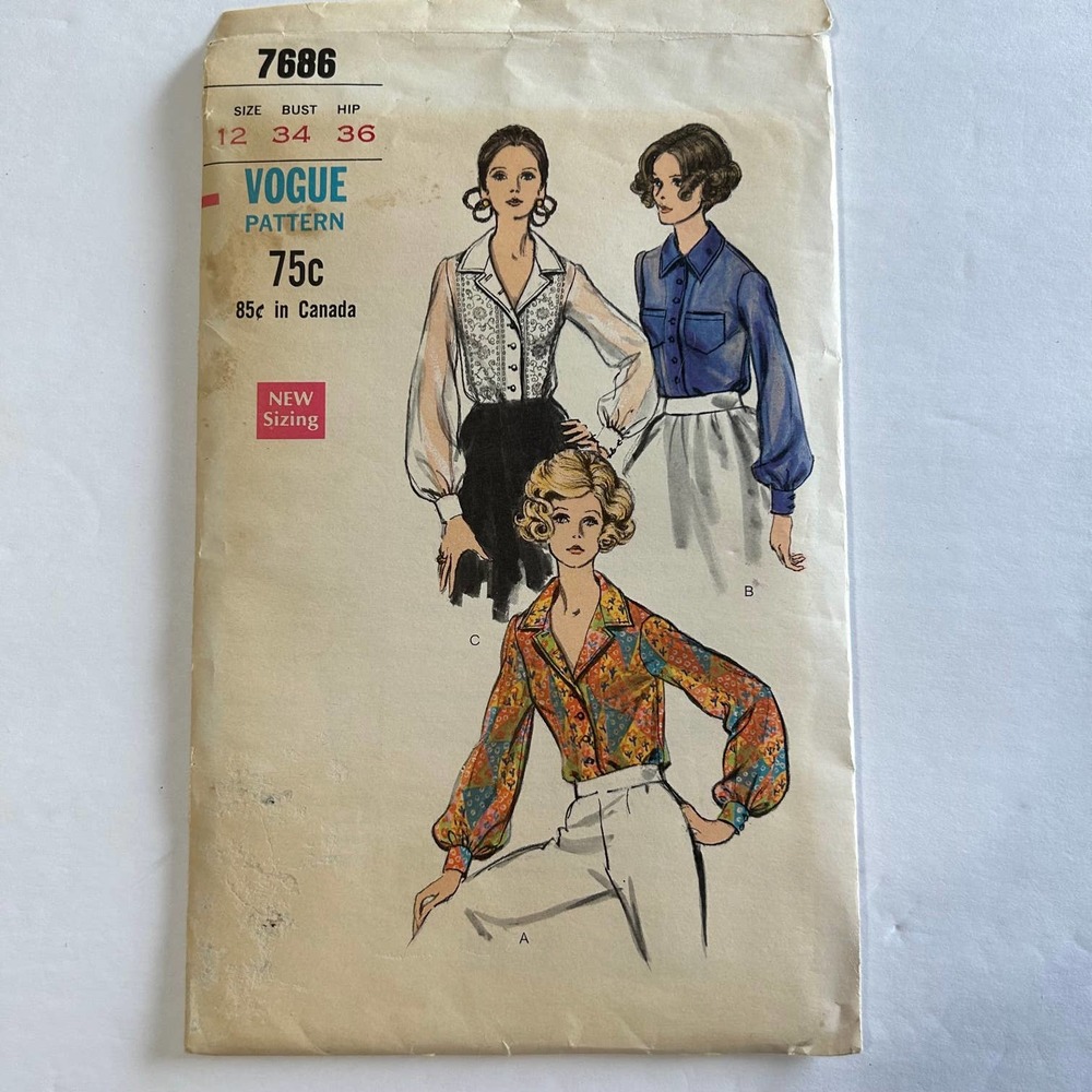 Vogue Vintage 1960's Pattern #7686 Misses Blouse Size 12 Bust 34 Hip 36